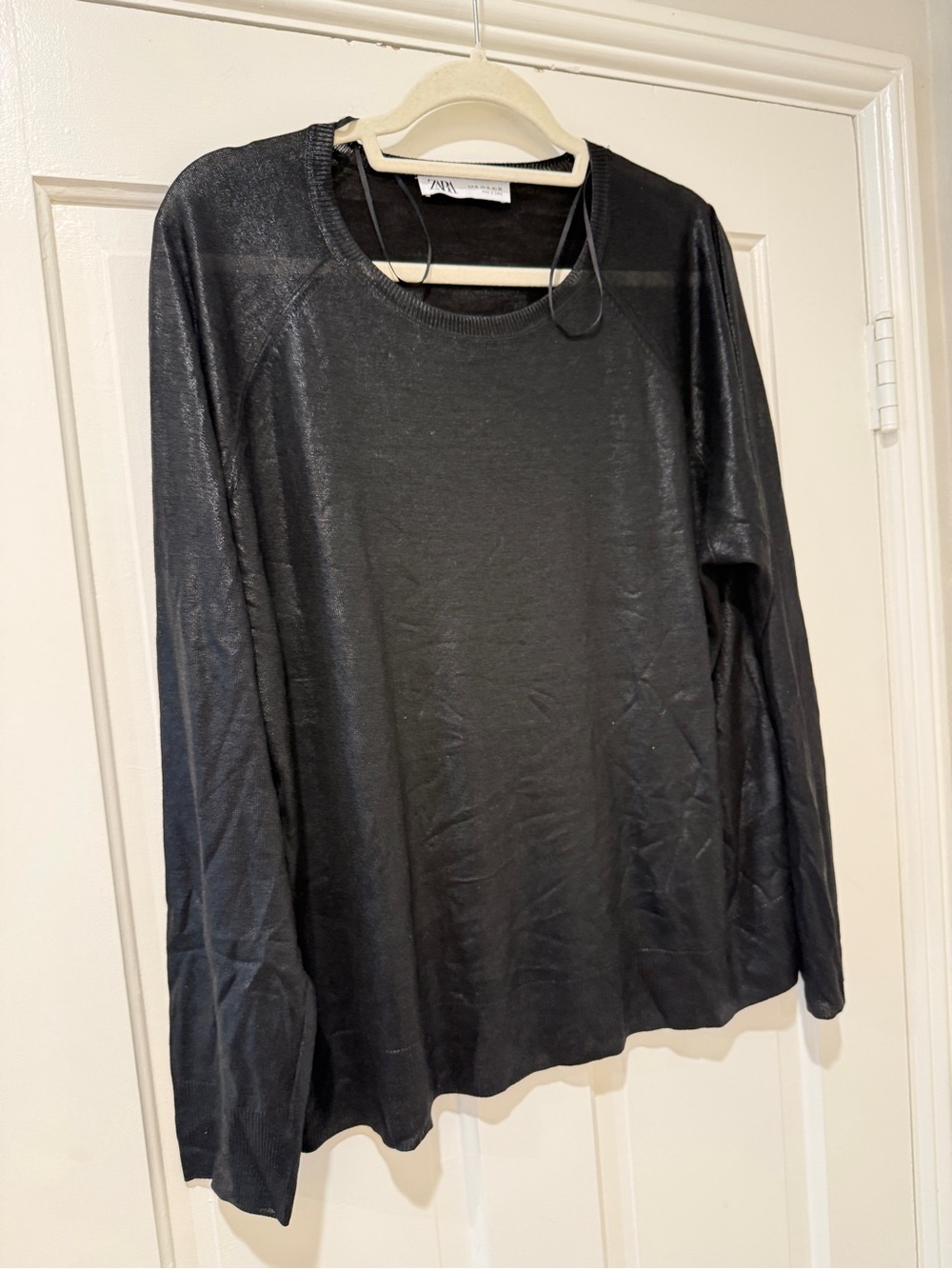 Zara shiny black finish foil fine knit sweater top blouse